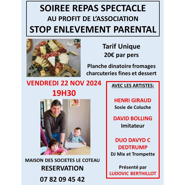 LE COTEAU 22 NOVEMBRE : SOIRÉE CARITATIVE AU PROFIT DE «STOP ENLÈVEMENT PARENTAL» !